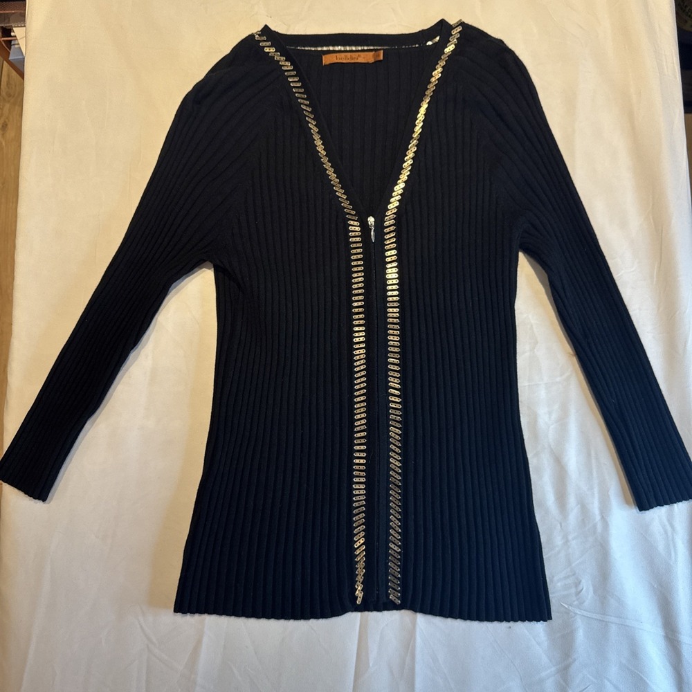 Belldini Vintage Ribbed Sweater Zip‎ Up With Metal Accents Black Women's Size M